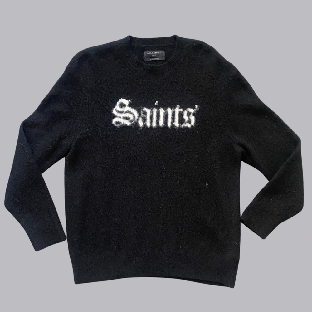 All Saints Black Crewneck Sweater with White 'Saints' Design